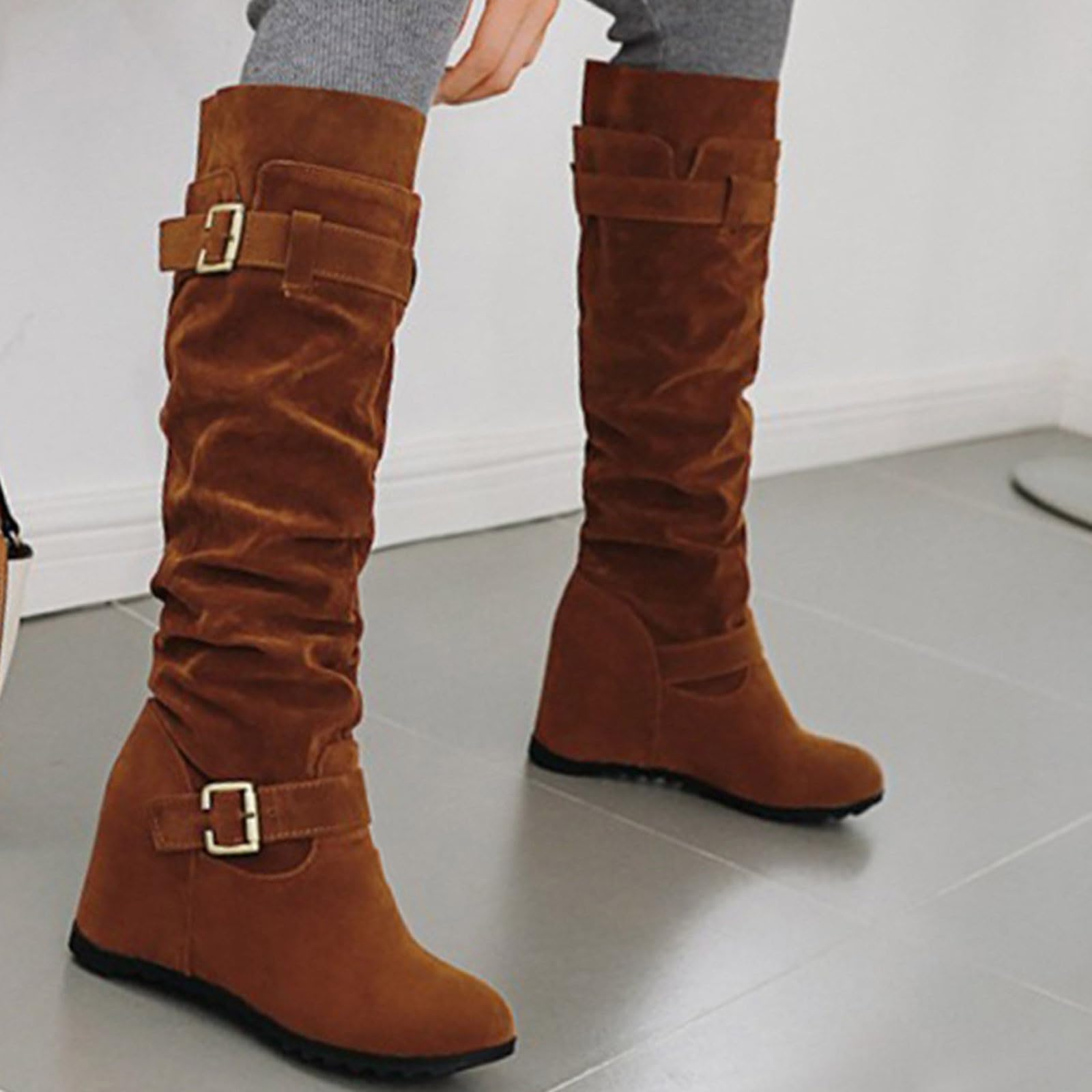 Botas de Invierno Mujer Decoración de Hebilla cinturón Gamuza sólida Moda para Mujer con Botas largas tacón cuña Elevado