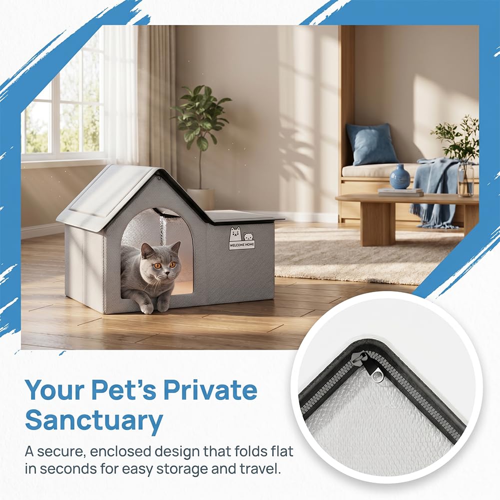 Pet Cooling House for Cats and Dogs, Foldable Outdoor Cat House with Ice Packs and Absorbent Cotton Bag, Insulated Pet Tent for Dog, Breathable Indoor Cooling Mat for Cats (Grey-M)