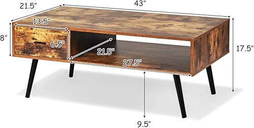 Miniatura 3 de Giantex Mesa de centro con cajón y estante de almacenamiento mesa de cóctel de madera mesa auxiliar rectangular para sofá mesa de consola multimedia