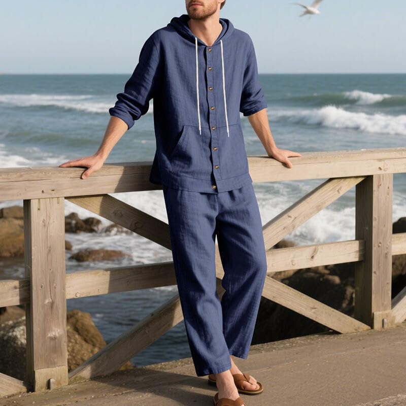 Men's 2 Pieces Cotton Linen Set Casual Long Sleeve Henley Shirts Beach Yoga Pants Summer Outfits