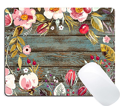 Wknoon Gaming Mouse Pad Custom Design, Vintage Background with Hand Drawn Floral Wreath Image on Rustic Wood Cute Mouse Pads