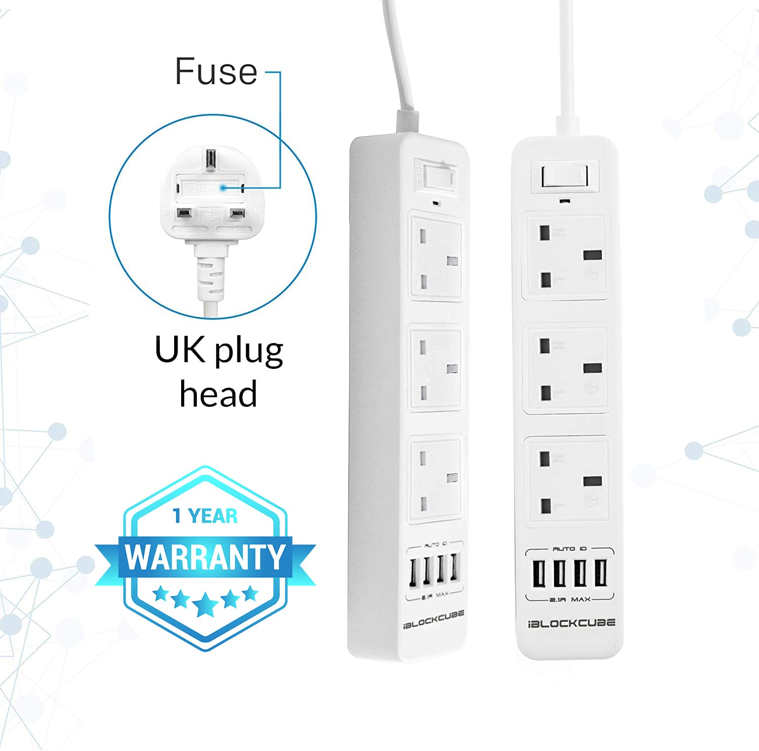 iBlockCube 2M/6.5FT Extension Lead with 4 USB Ports 3 Way Socket