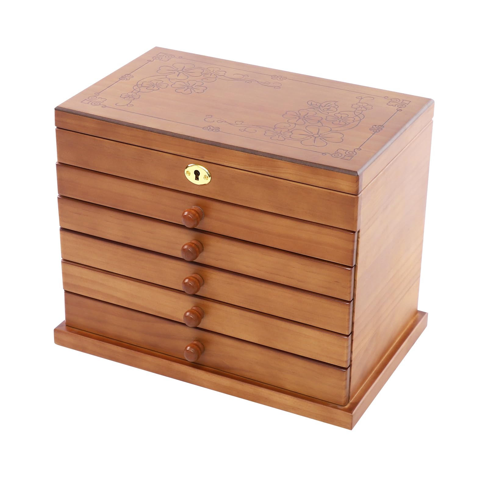 Joyero con 6 cajones con espejo y cerradura, caja grande de madera para joyas con forro de terciopelo, joyero de varios niveles para anillos y collares, talla vintage de trébol, 31,5 x 24,5 x 20 cm