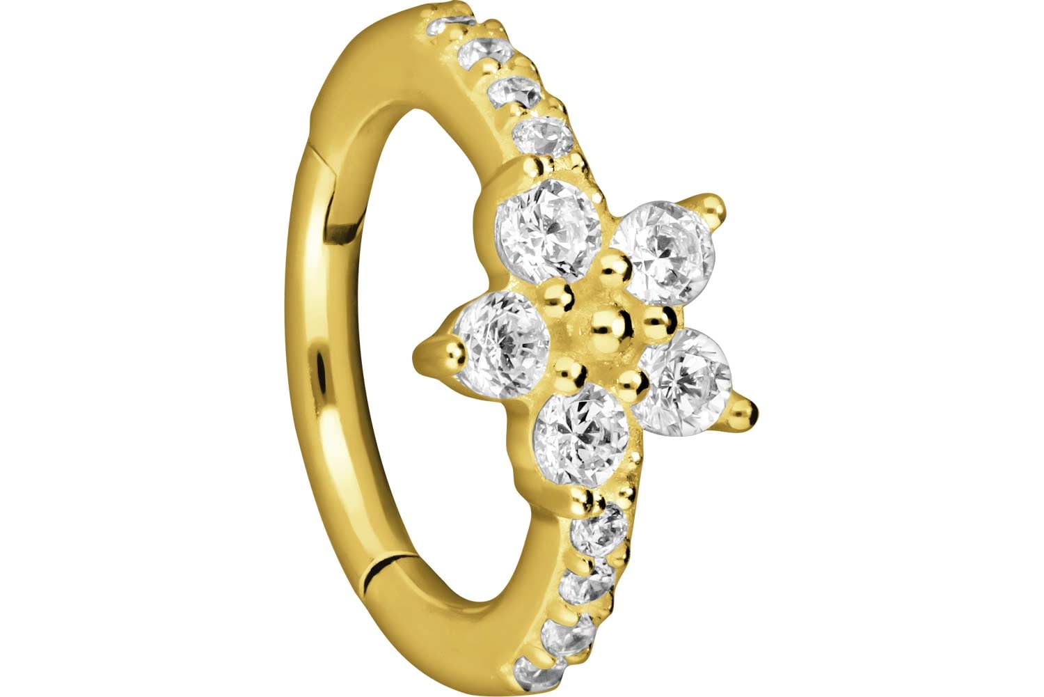 PIERCINGLINE 18 Karat Gold Piercing für Nase, Septum, Ohr, Helix oder Tragus Segmentring Clicker KRISTALLBLUME + EINGEFASSTE Kristalle
