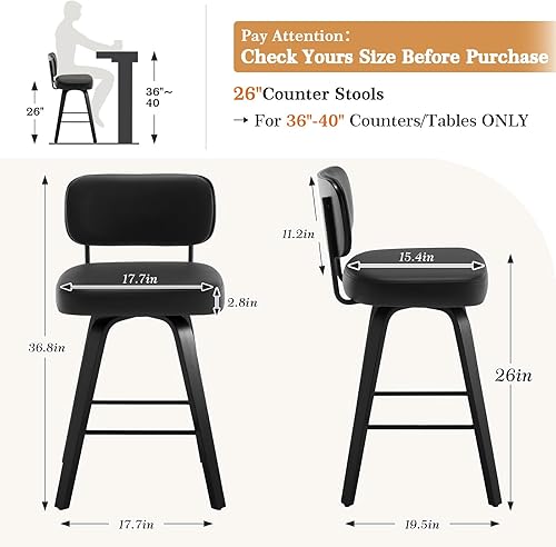 Miniatura 48 de Bekrvio Juego de 3 taburetes de bar giratorios de altura de mostrador, taburetes de bar tapizados de piel sintética con respaldo de ratán, sillas de