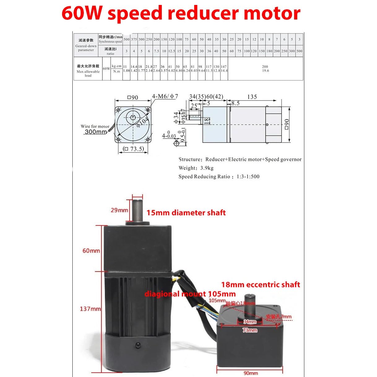 Motorreductor reversible monofásico de 60 W y 90 x 90 mm con regulador de velocidad, 220 V CA Reducción de par(45RPM)