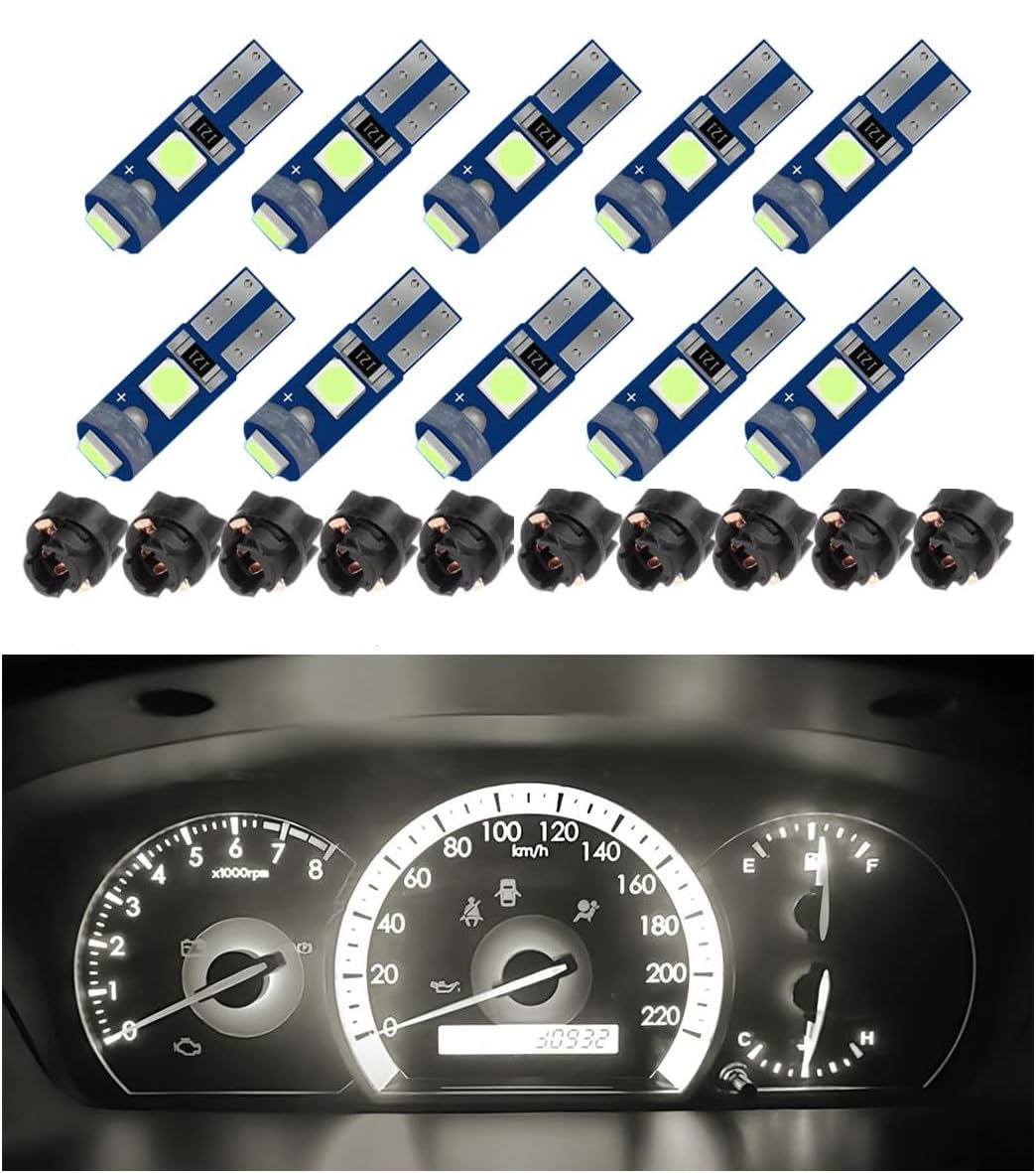 10PCS T5 LED Map Light chip, 10PCS Dashboard Panel Rotary Plug, 3030-3 SMD LED Indoor Instrument Bulb,Instrument Panel Bulbs, Instrument Indicator Lights (white)