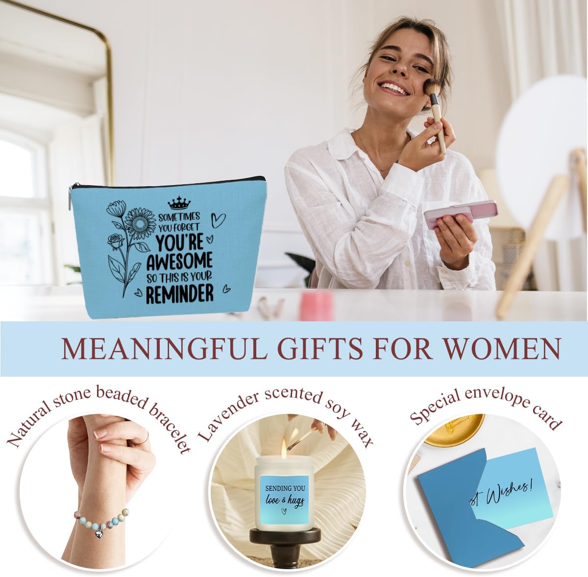 Positive Self Care Birthday Gifts for Women, Thank You Get Well Soon Thinking of You Gifts for Women, Teacher Friends Girls Christmas Friendship Wine Tumbler Makeup Bag Scented Candle Bracelet Basket - Image 5