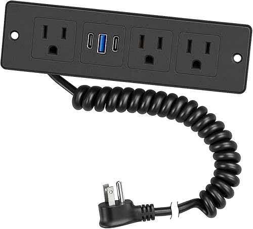 Havorbit Drawer Outlet with Spring Cord, 20W Fast Charging Recessed Power Strip, 3AC+2USB-C+1USB-A for Furniture/Desk/Conference Table, 6ft Cable, Black