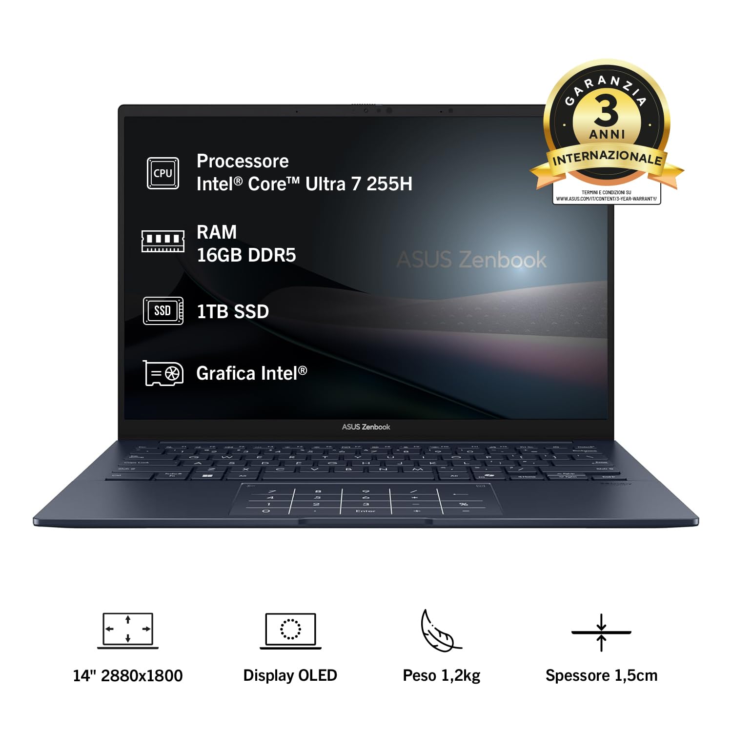 ASUS Zenbook 14 UX3405CA#B0GN3BNF1C, Notebook con display 14" OLED, Glossy, 120Hz, Intel® Core™ Ultra 7 Processor 255H, RAM 16GB, 1TB SSD, WIN11 Home, Blu