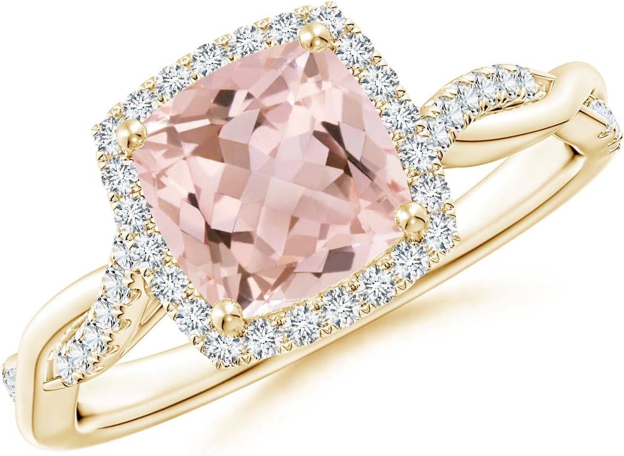 Angara Natural Morganite Engagement Ring for Women | 1.2 ct Cushion-Cut Morganite Diamond Halo Ring in Yellow Gold | April Birthday, Gemstone Jewelry Gift | AAAA | 7mm | Ring Size- 6