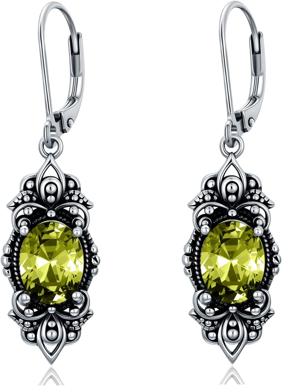 925 Sterling Silver Victorian Vintage Oxidized Dangle Drop Earrings 9mm Oval Cut 12 Months Birthstone Anniversary Jewelry Gifts for Women Her