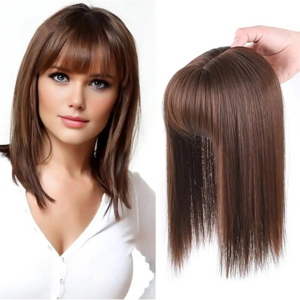 Perruques Women Long Straight Wig with Air Bang High Temperature Fiber Natural Look Smooth One-Piece Head Replacement Coiffure réaliste(Light Brown,35cm)