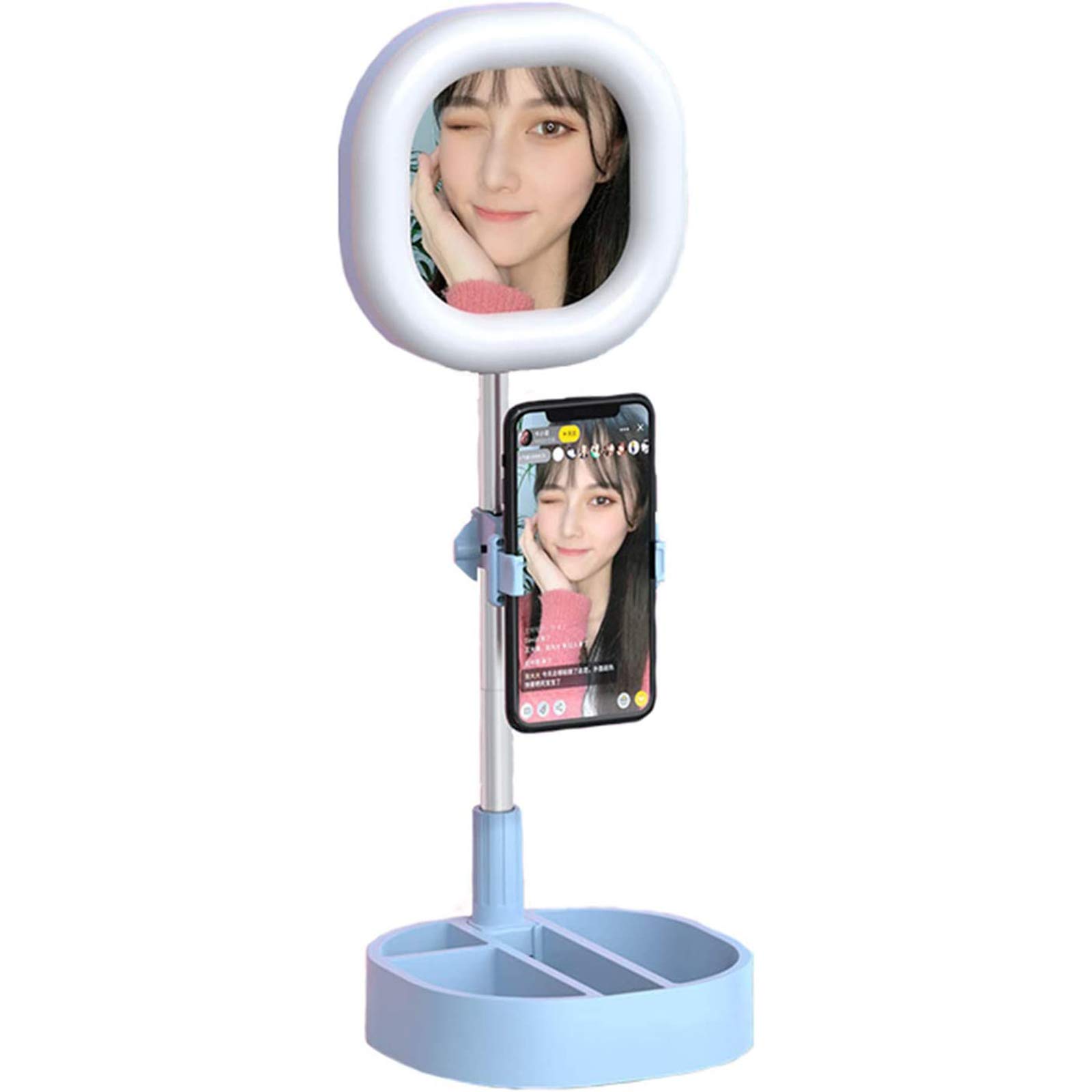 Luce ad Anello LED Pieghevole con Specchio per Il Trucco e Supporto per Telefono, Dimmerabile 3 modalità Colore Selfie Ring Light per Youtube, TIK Tok,Trucco, Fotografia,Blu