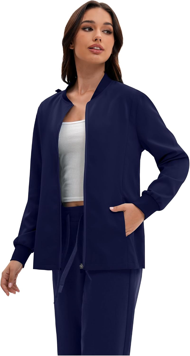 Scrub Jacket for Women, Zip Front Warm-up Uniform Coat with 4 Pockets, Ultra Soft and Durable
