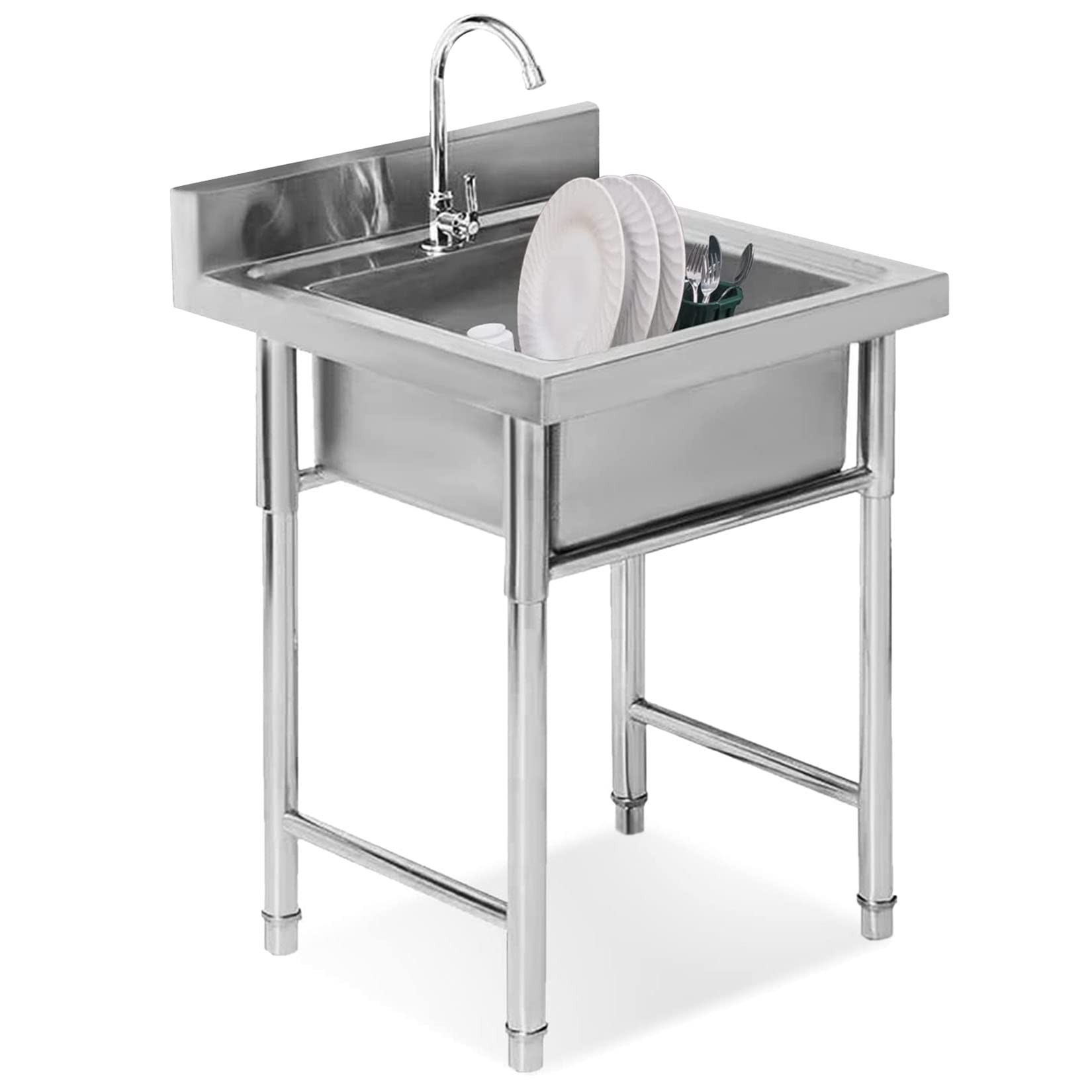 HCZKIUJY Kitchen Utility Sink,Single Bowl 1 Compartment Commercial Kitchen Sink, Freestanding Utility Sink with Faucet + High Backsplash, 304 Stainless Steel for Restaurant, Laund(23.6x23.6x31.4in)