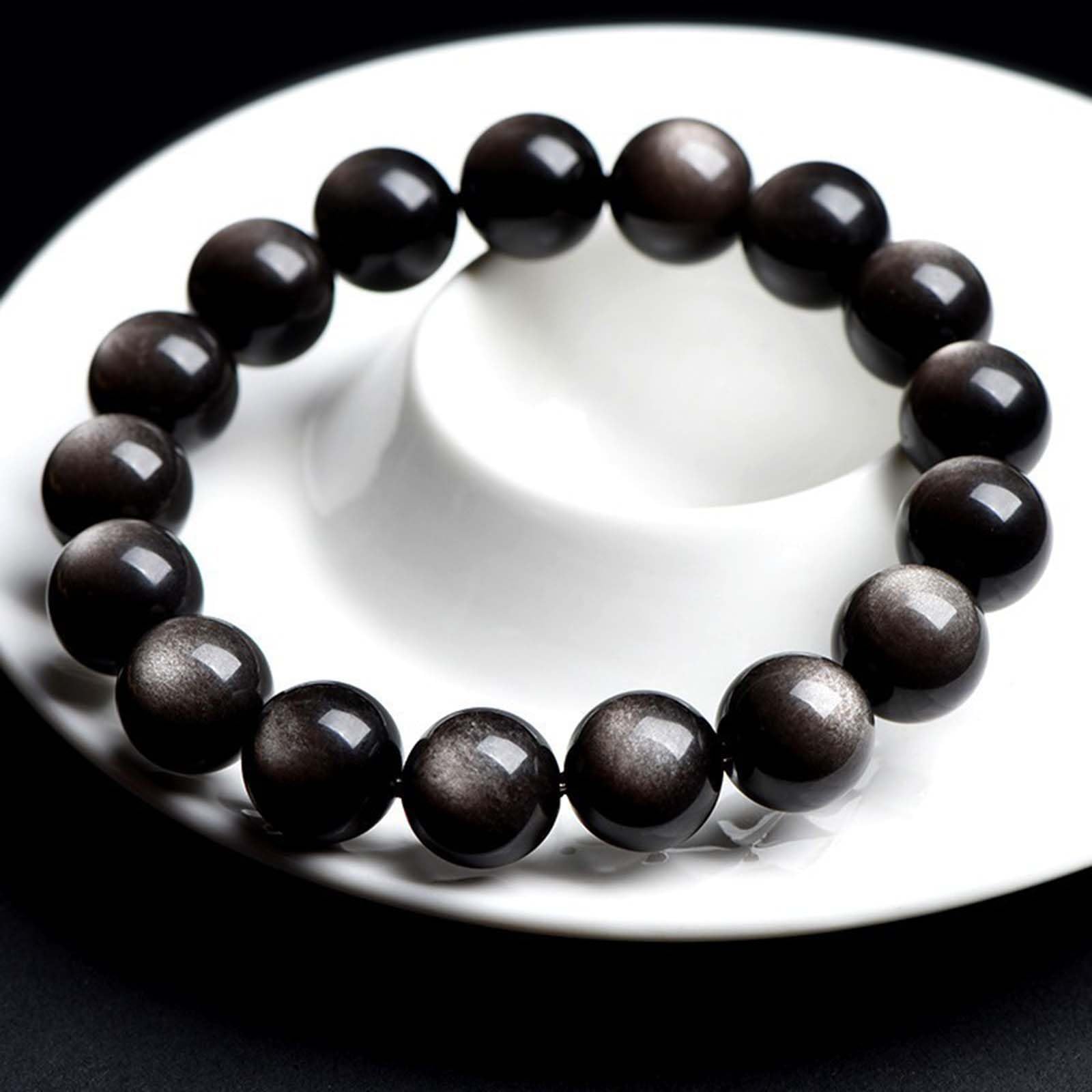 Bracciale con Perline di Ossidiana con lucentezza d'Argento
