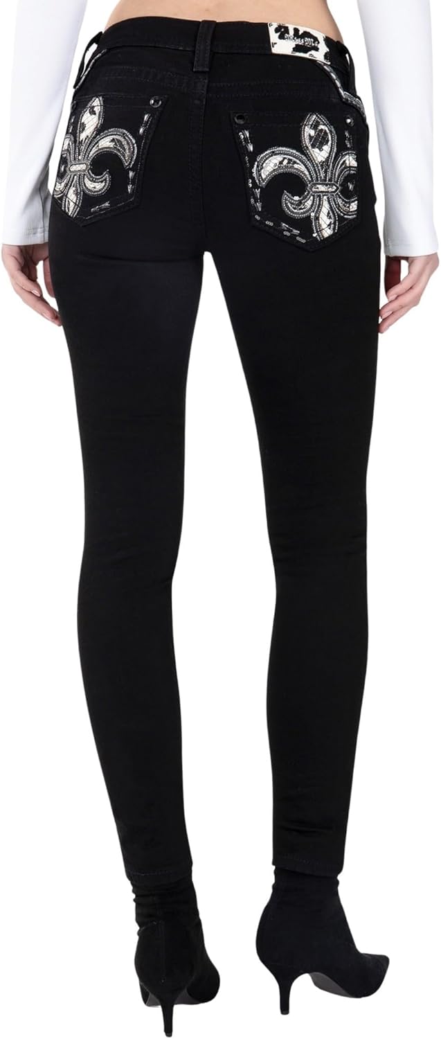 Miss Me Women's Fleur de Lis Saddle Stitch Mid-Rise Skinny Jeans