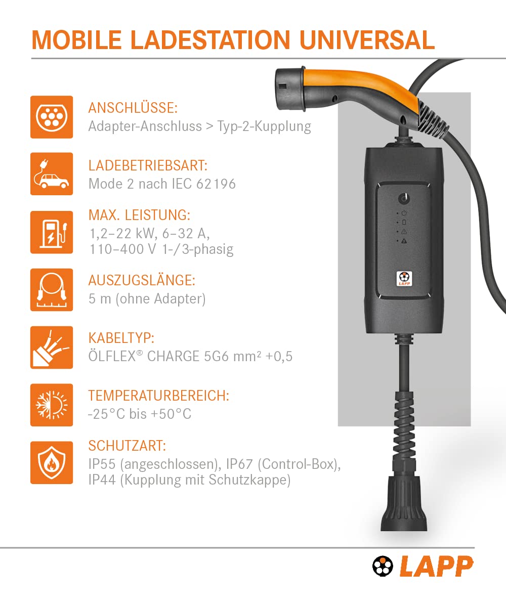 Lapp Mobility Stacja ładująca typu 2 22 kW/bez adaptera / 32 A / 3-fazowy/kabel do ładowania samochodu/tryb 2/6 m/czarny