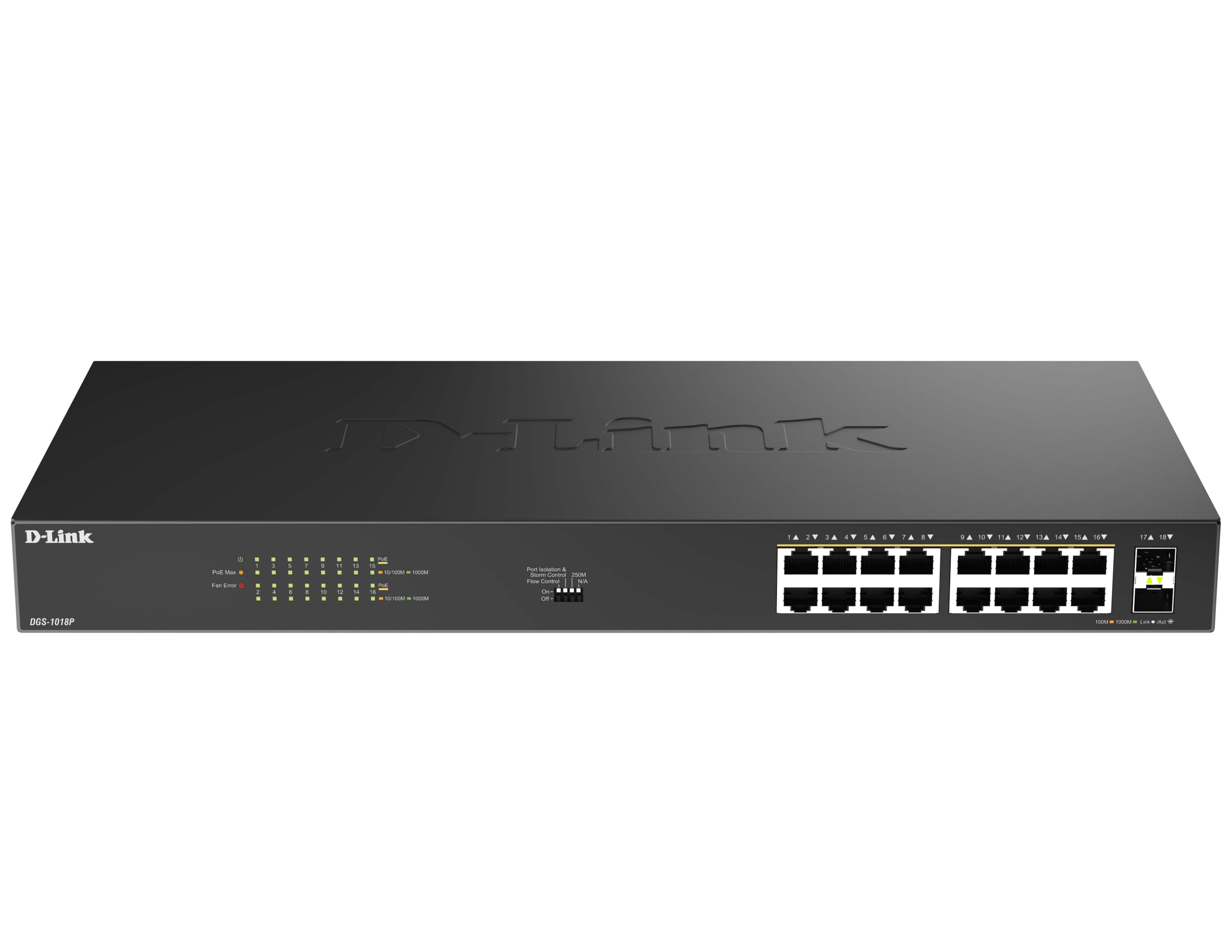 D-Link DGS-1018P Switch PoE Gigabit de 18 Puertos – sin gestión, 16 Puertos PoE+ (30W Puerto, 240W Budget), 2 Uplinks SFP Enlaces Fibra, Kit Montaje en Rack, IEEE 802.3af/at