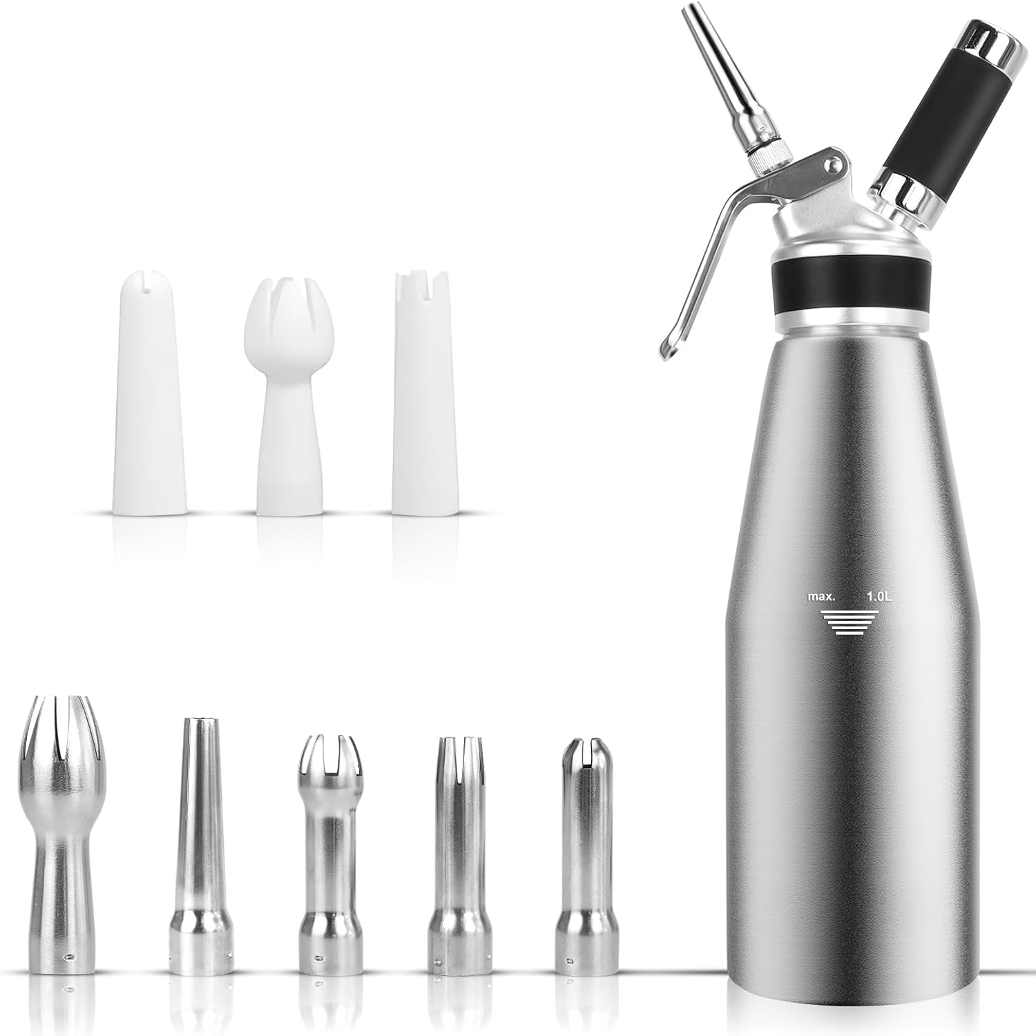 1000 mL / 2 Pintes siphon à chantilly, siphon à crème en aluminium avec 5 douilles en acier inoxydable, 3 buses en plastique et 1 brosse de nettoyage, pour décoration gâteaux d'anniversaire pâtisserie