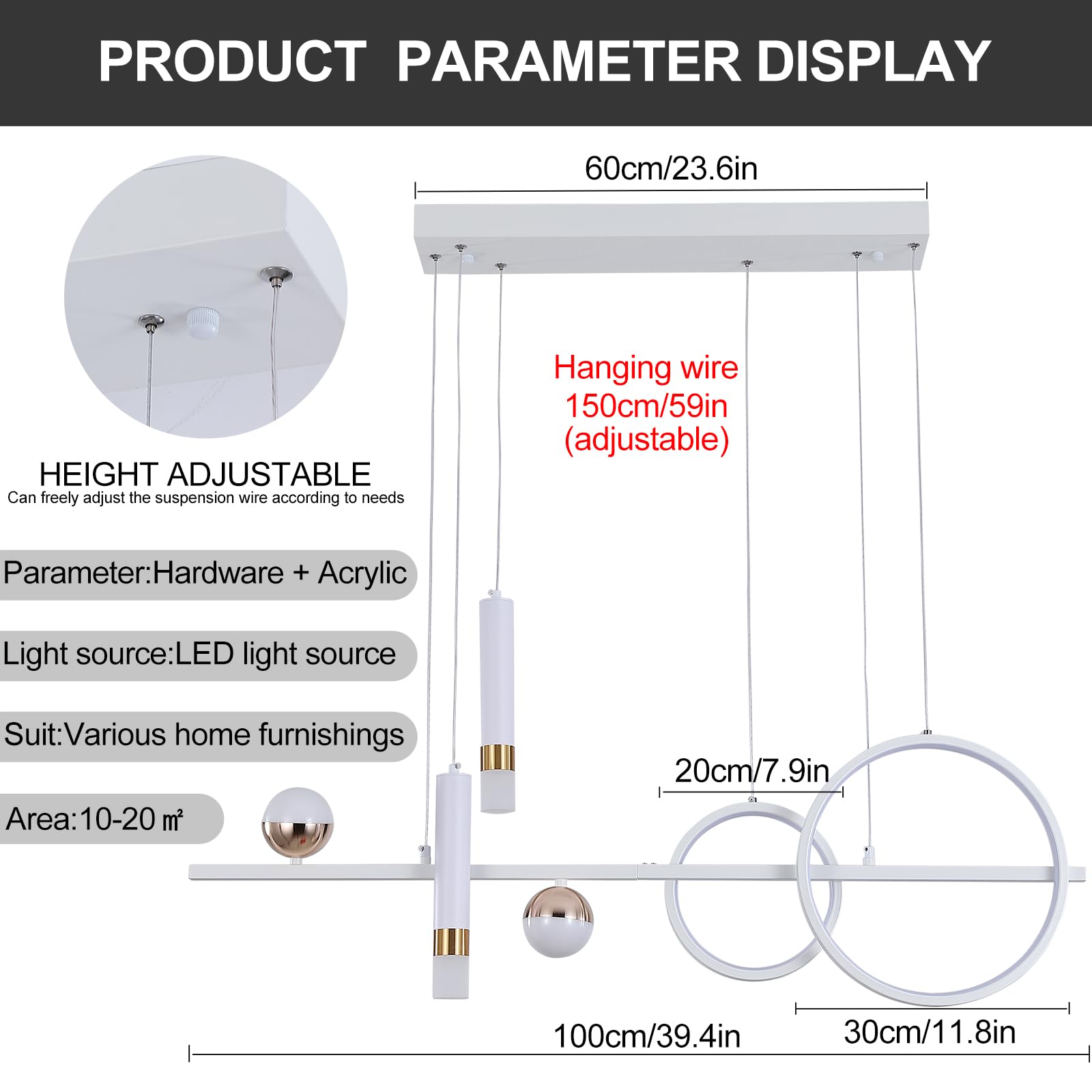 Eoodis Dimbare LED Hanglamp 100 cm, Lineaire Plafondlamp met Afstandsbediening, Moderne Eettafel Hanglamp voor Keuken, Eetkamer en Woonkamer (Wit
