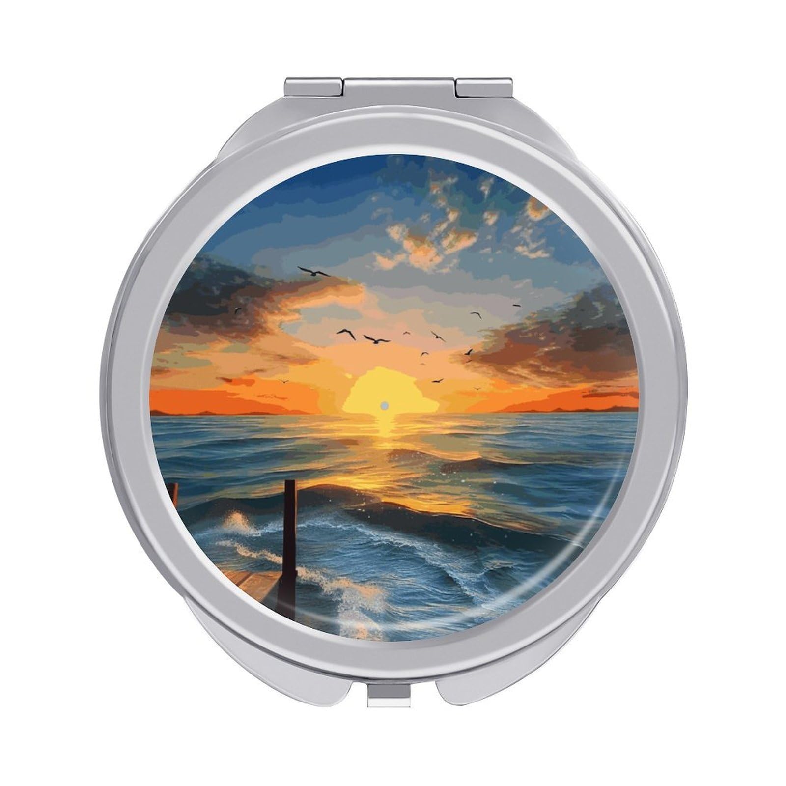 LDGSUPH Sunset Sea Travel Makeup Mirrors Portable Compact Mirror Double-Sided 2X/1X Magnifying Folding Pocket Mirror Mini Round Handheld Mirrors for Home Outdoor