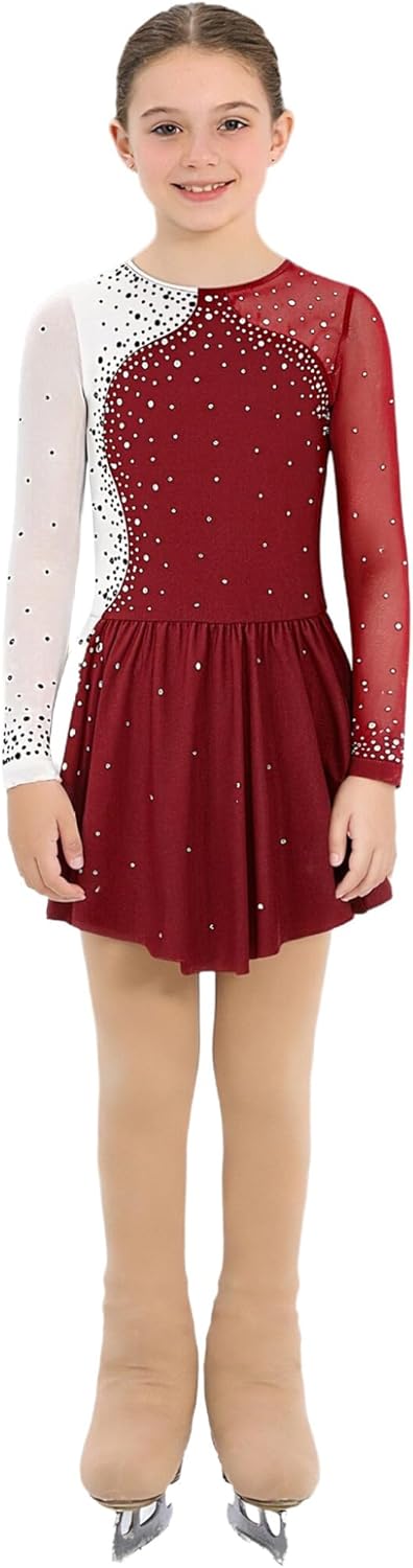2-Piece Girls Figure Skating Outfits Sparkle Long Sleeve Dress with Cover The Boots Buckles Tights for Competition
