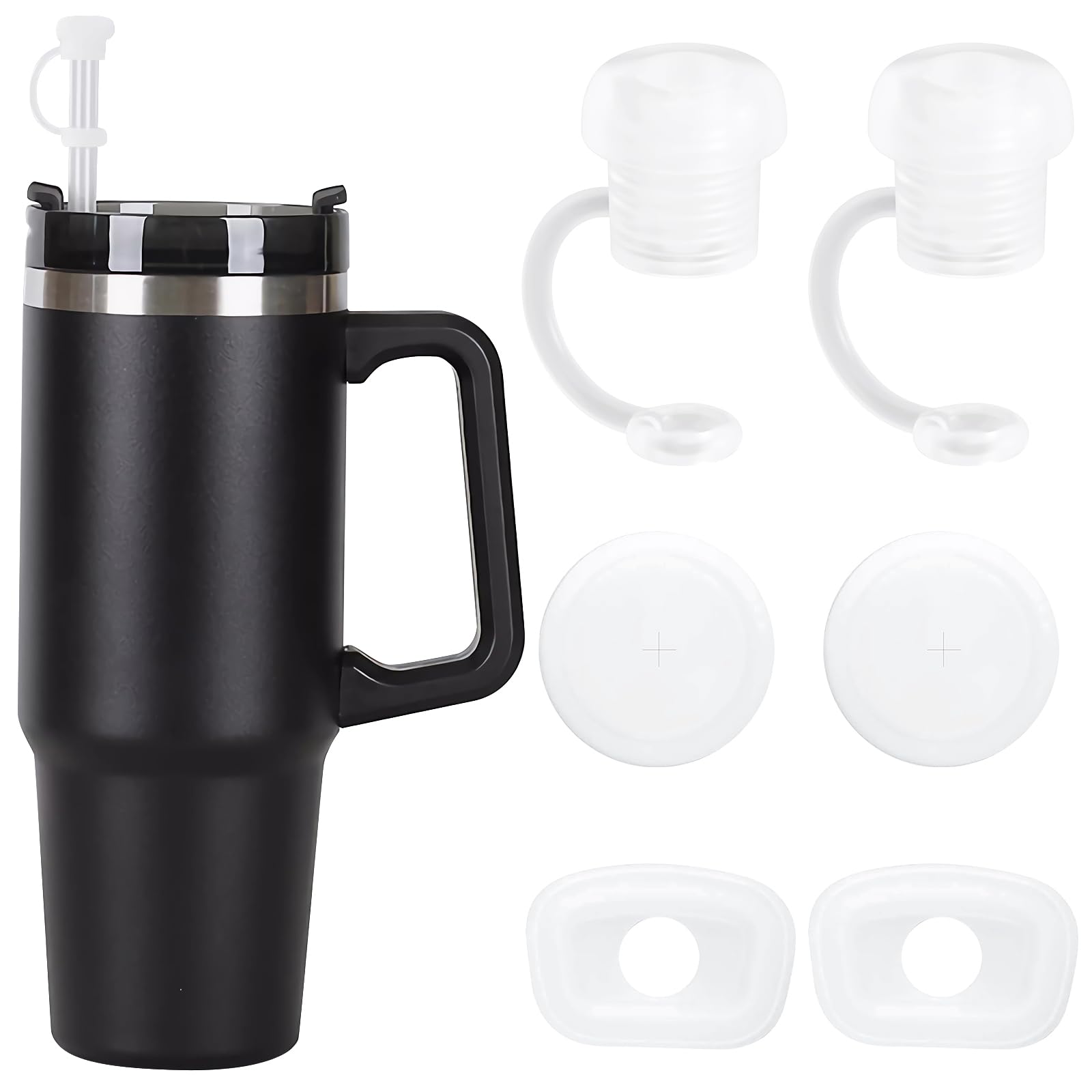 Jemey 6pcs Straw Spill Stopper Cover Set for Stanley 40/30oz Quencher H2.0&1.0 Tumbler, Including Straw Cover Cap, Square Spill Stopper, Round Leak Proof Stopper for Stanley Cup Lid (Clear)