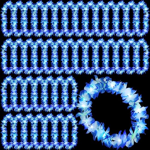 Sherr 24 Pcs LED Leis Light Up Wedding Hawaiian Leis Flower Necklace with LED Lights Beach Tropical Carnival Party Wedding Supplies Luau for Masquerade