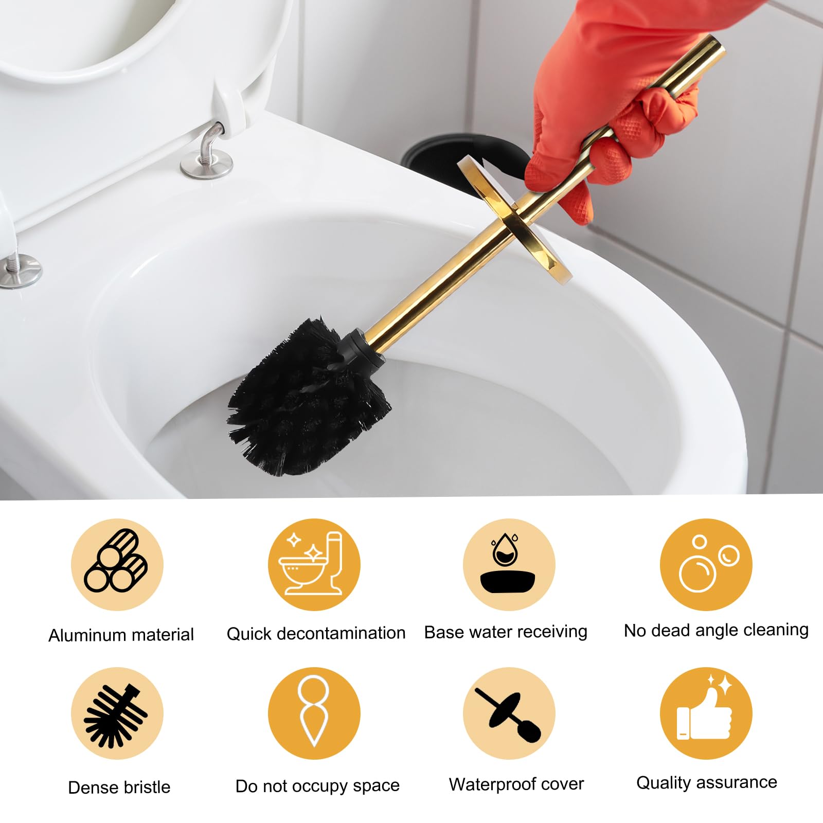 EXLECO Brosse Toilettes WC Mural Gold, Suspendu Balai INOX, Toilette WC avec 1 Têtes de Brosses, Balayette WC Kit et Supports sans Perçage, Porte Brosse WC, Nettoyage Salle de Bain Accessoire