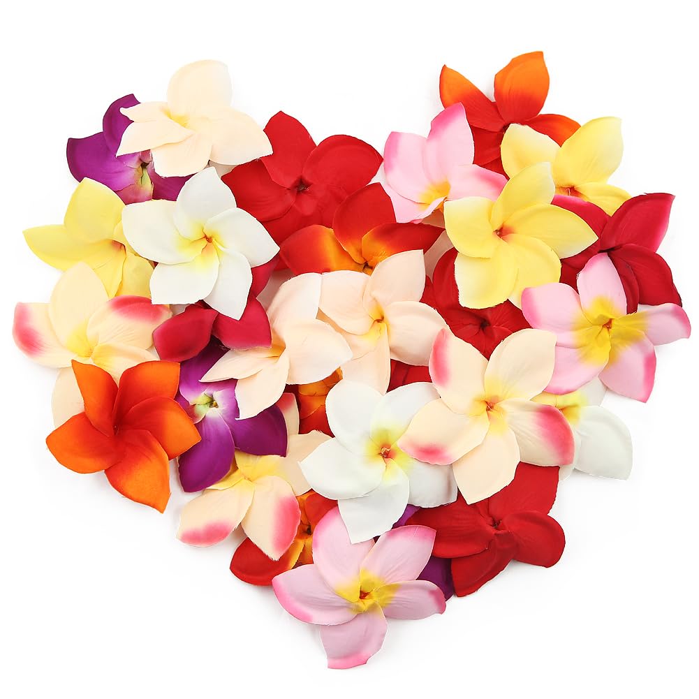 Boerni 30 Pcs 90mm Mixed Color Artificial Plumeria Flower,Silk Fake Flower Heads Hawaiian Frangipani Floral Bead for DIY Jewelry Craft Garland Wedding Summer Hawaii Aloha Party Home Decoration