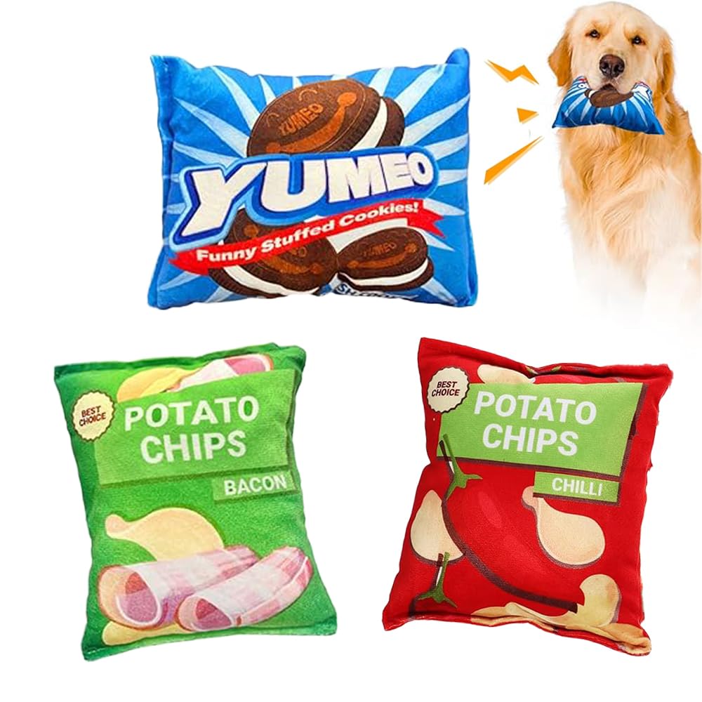 NeoStylePet Squeak Toys,Funny Plush Squeaky Toys for Dogs and Cats,Bottle Plush Dog & Cat Squeak Toy,Cat Toys,Presents for Pets (Chips 3pcs)