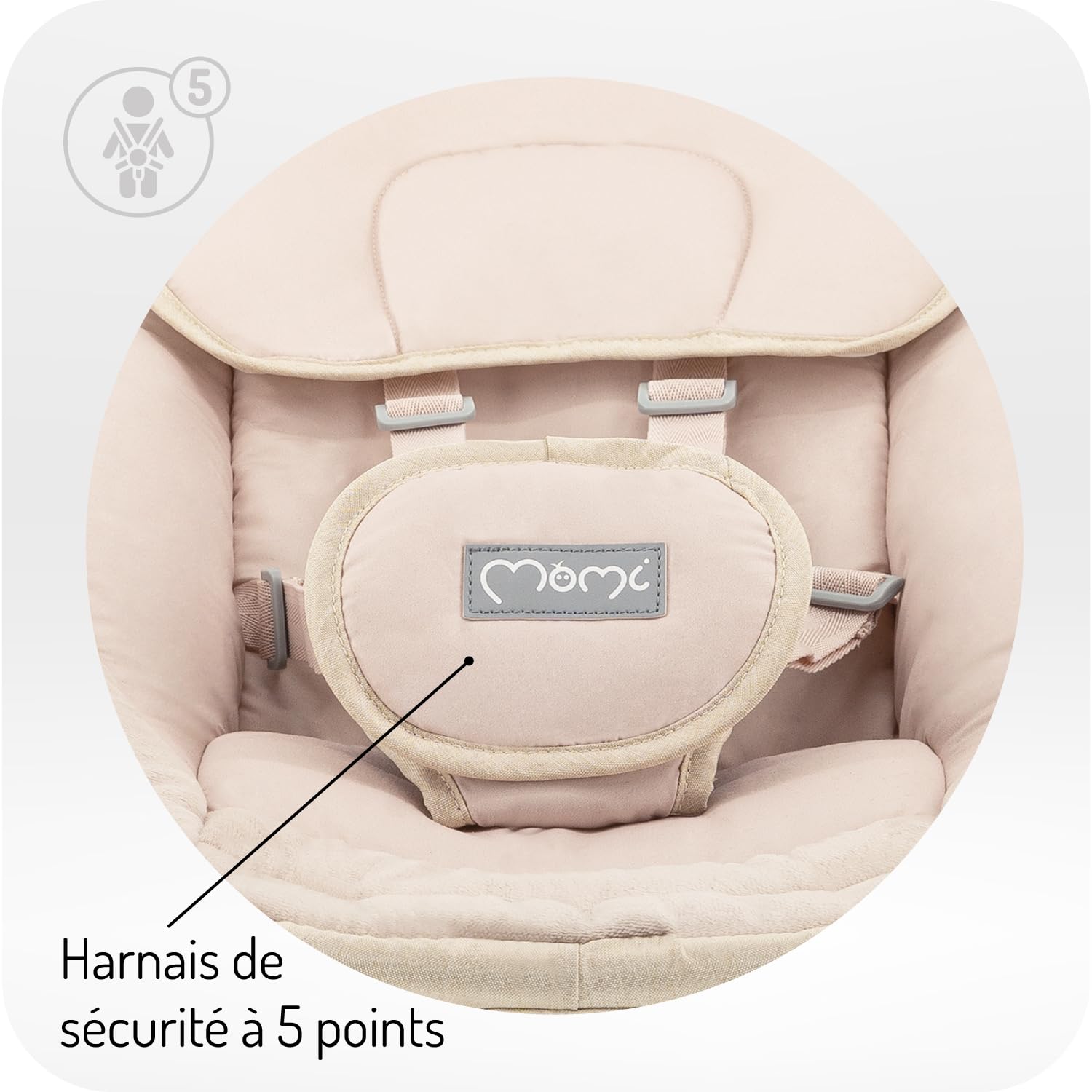 Balancelle MoMi KENANI SAND jusqu'à 9 kg, écran LED, télécommande, Bluetooth pour smartphone, alimentation piles/secteur, harnais de sécurité 5 points, arche et jouets