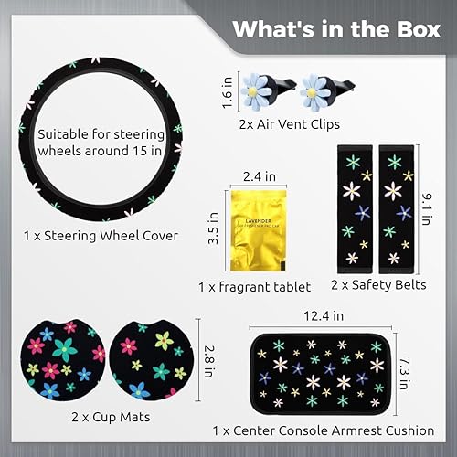 Miniatura 6 de Homaisson 9 Pcs Embroidery Car Accessories Set, Elastic Steering Wheel Cover, Floral Seat Belt Covers, Center Console Armrest Cushion, Non-Slip Cup