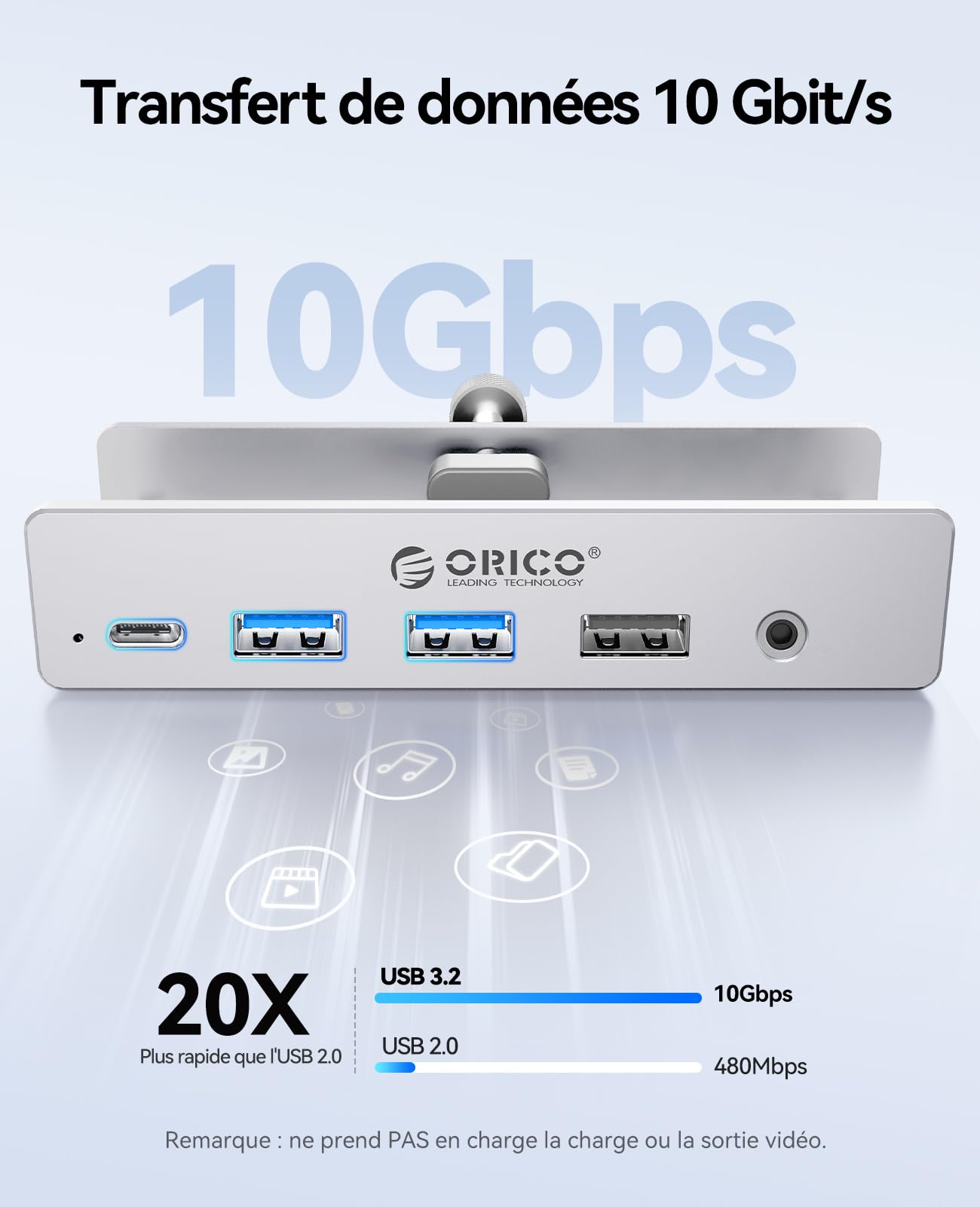 Station d'accueil Clip ORICO, Hub USB-C 8-en-1 avec HDMI 4K@60Hz, PD 100W, Ethernet Gigabit, 4xUSB, AUX, 10Gbps USB C Hub pour Laptop, MacBook, PC (Adaptateur Non Inclus)