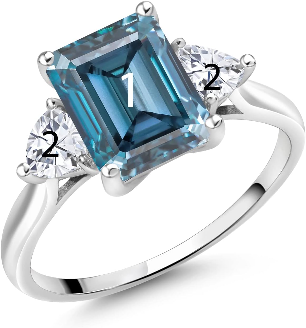 Gem Stone King 10K White Gold Customized and Personalized Emerald Cut and Trillion Gemstone Birthstone 3-Stone Engagement Ring | 3 Stone Wedding Anniversary Promise Ring For Women