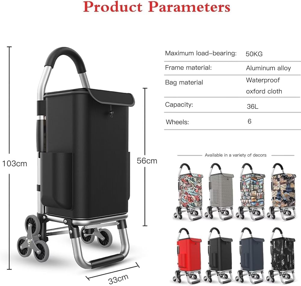 Carrito de Compras Plegable con 3 Ruedas, Carrito trepador de escaleras for Uso en comestibles y lavandería, Rueda Triangular silenciosa