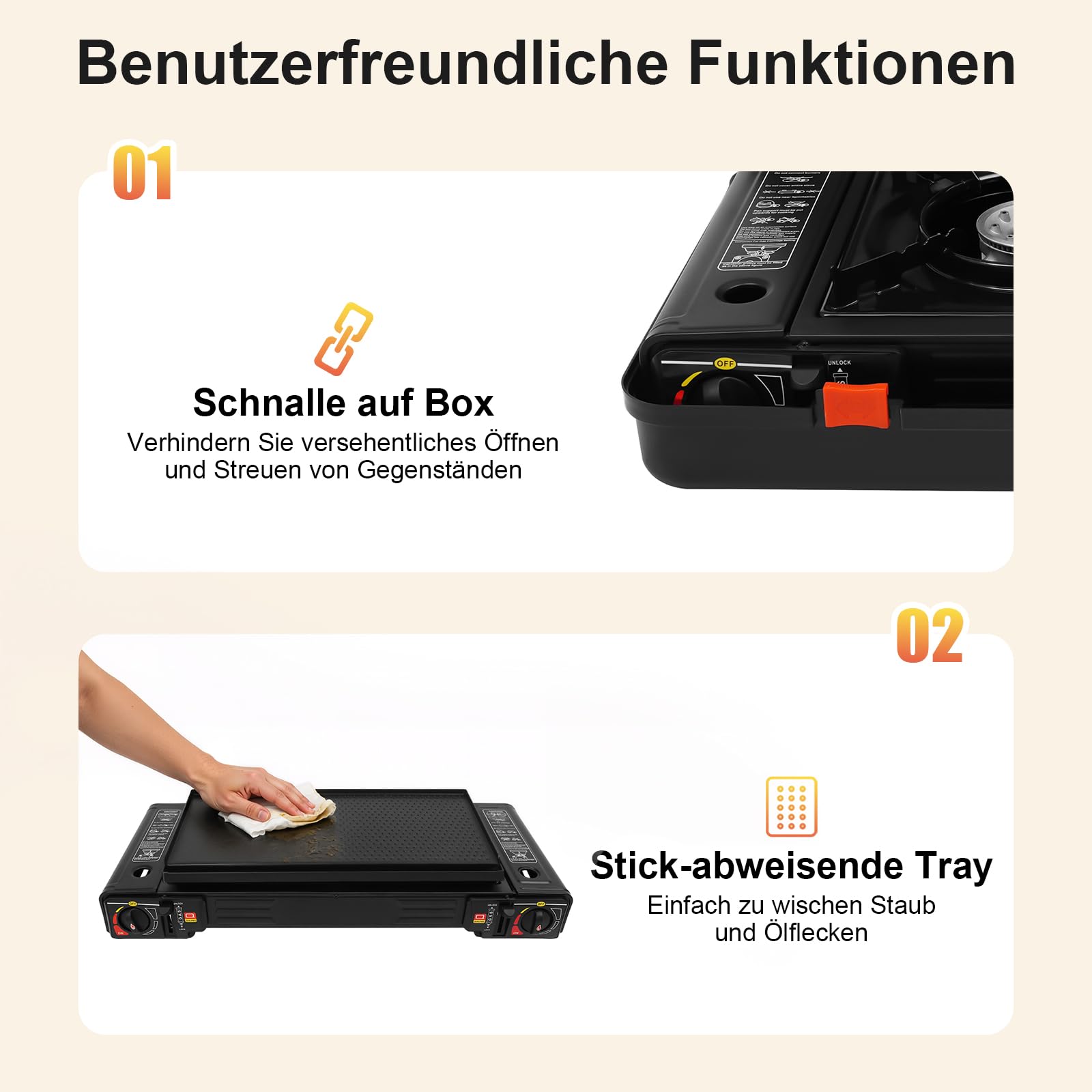 Camping Gaskocher 2-Flammig mit Grillplatte & Tragetasche, 2×2500W Gas Campingkocher 2 Flammig, Tragbarer Gasherd Camping, Überdruckschutz, Gaskocher für Töpfe bis 34cm