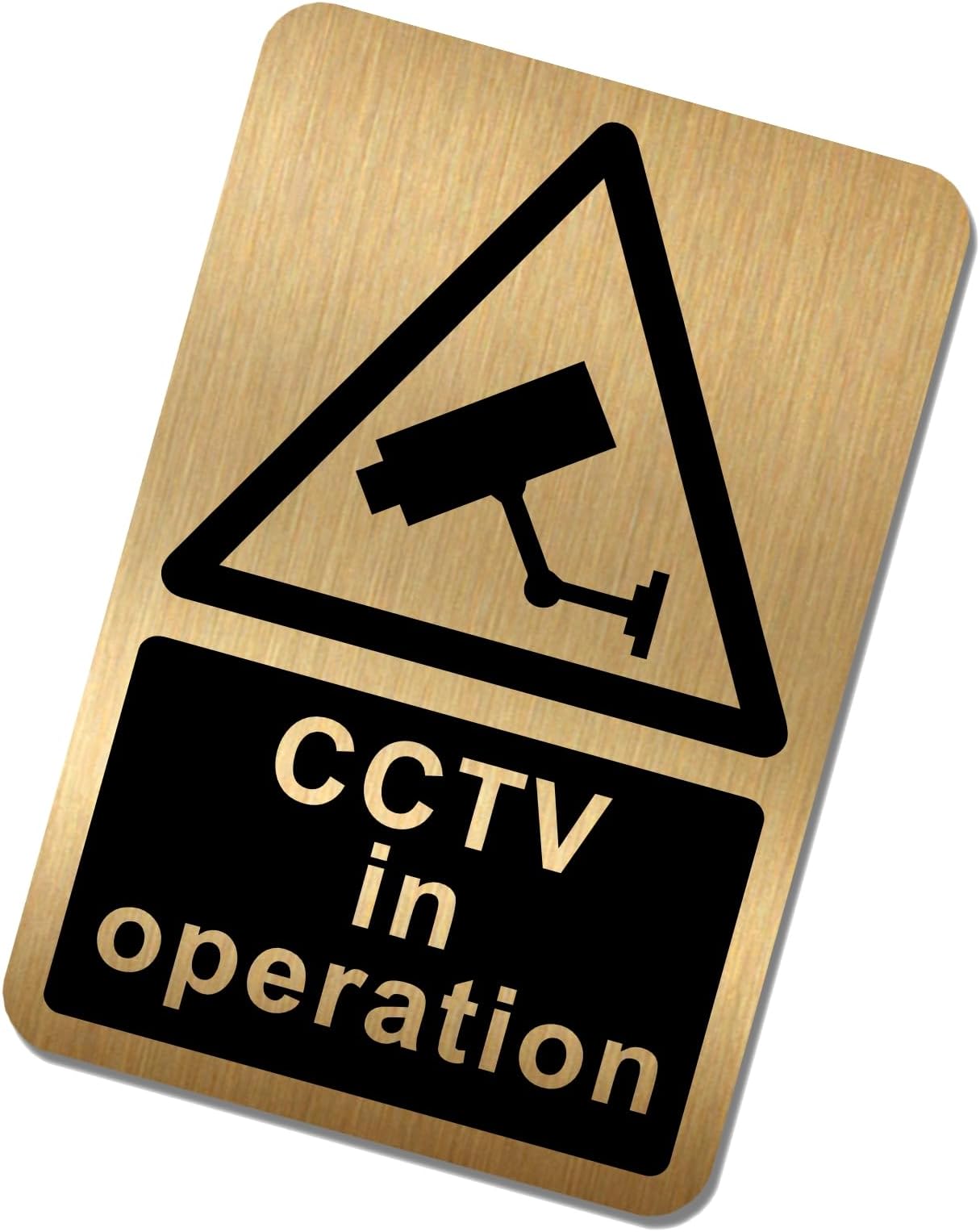 METAL CCTV In Operation Sign DESIGN 2 WITH IMAGE Brushed Gold Aluminium Warning Door Notice Office Shop Warehouse School Cafe Restaurant Pub Business Hotel Premises Camera Recording MS31