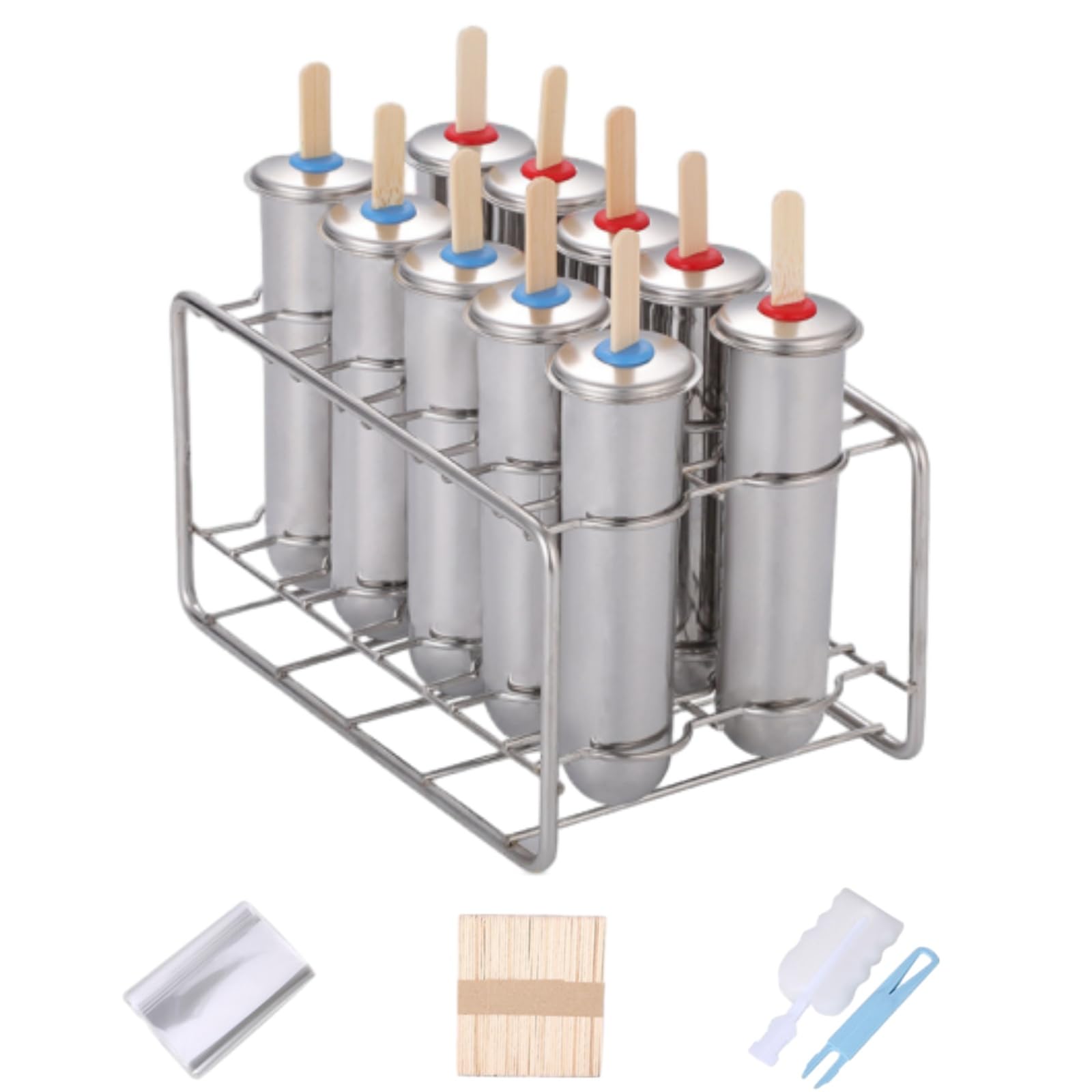 Photo 1 of 10Pcs Stainless Steel Popsicle Molds and Rack Ice Cream Popsicle Molds with 10 Round Ice Pop Makers + 100 Reusable Bamboo Sticks + 20 Bags + 1 Cleaning Brush + 1 Rack (Silver (Round))