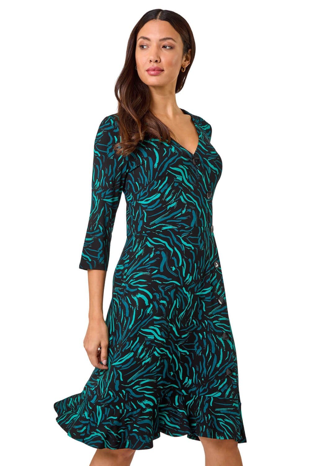 Roman Originals Women's Teal Noir Tea Dress For Uk Frill Hem Skater Wrap Jersey Stretchy Fit & Flare Flattering Knee Length Cocktail Party Occasion Holiday Going Out - Size 18