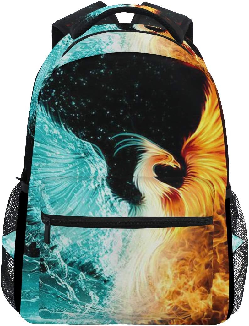 School Backpack Bookbag Fire Water Phoenix Bird Rucksack Daypack Waterproof for Middle School Travel Girls Boys Teen