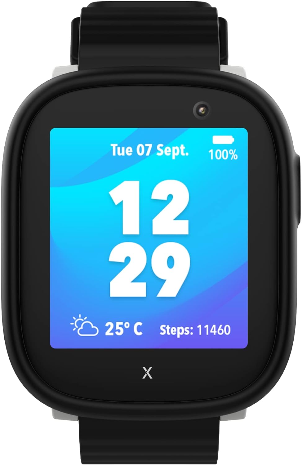 XPLORA X6 Play watch displaying a digital watch face with date, time, temperature, and steps.