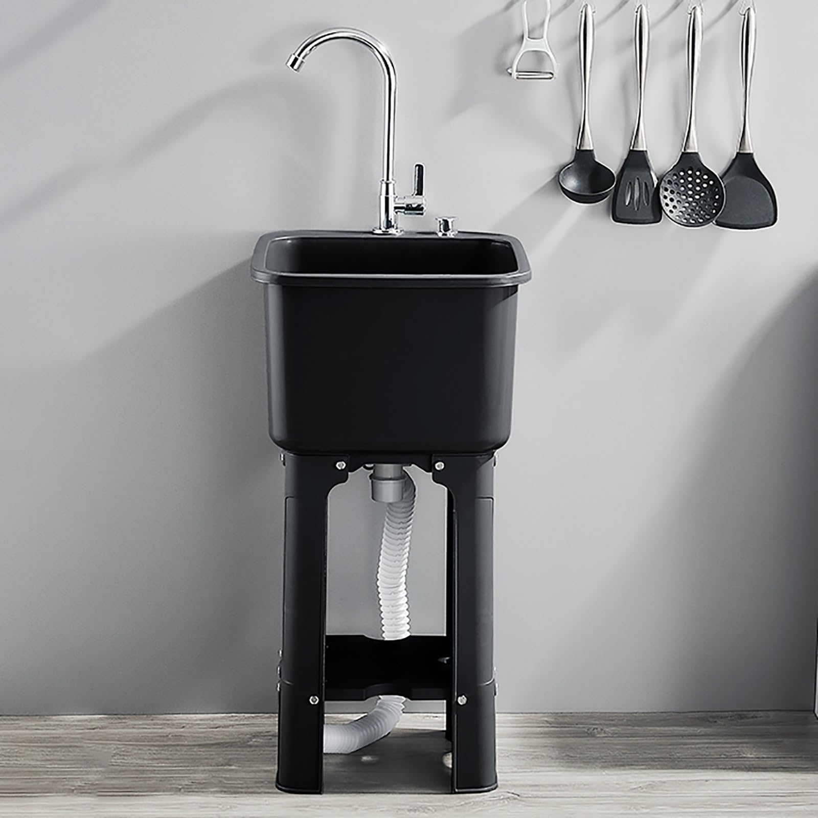 HCZKIUJY Kitchen Utility Sink,Commercial Sink Plastic Utility Freestanding Laundry Drainer Kitchen Restaurant Storage Shelf with Faucet for Outdoor Indoor Garage Laundry/Utility R(Black-40x40x76.5cm)