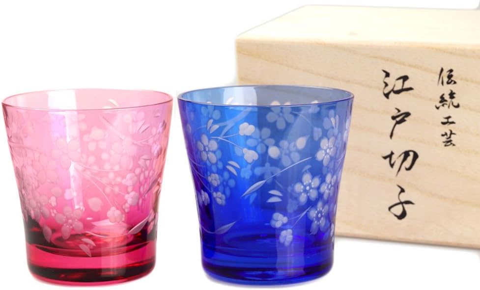 Sakura Cherry Blossoms Design Rock Glass 11.5oz Edo Kiriko Design Cut Glass - Pink & Blue [Japanese Crafts Sakura]