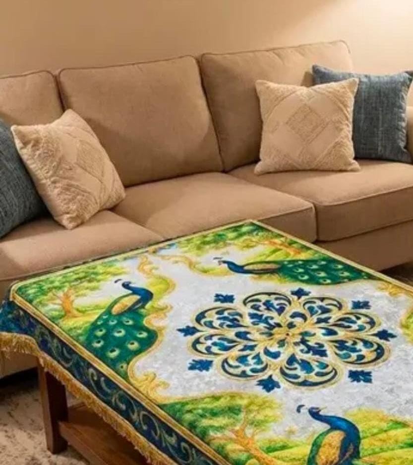 Image of Velvet Decorative Rectangular Table Cover with Traditional Design, Living Room Centre Table Cloth, Beige and Multicolour Size (36 * 56) (Peacock Green t-c)