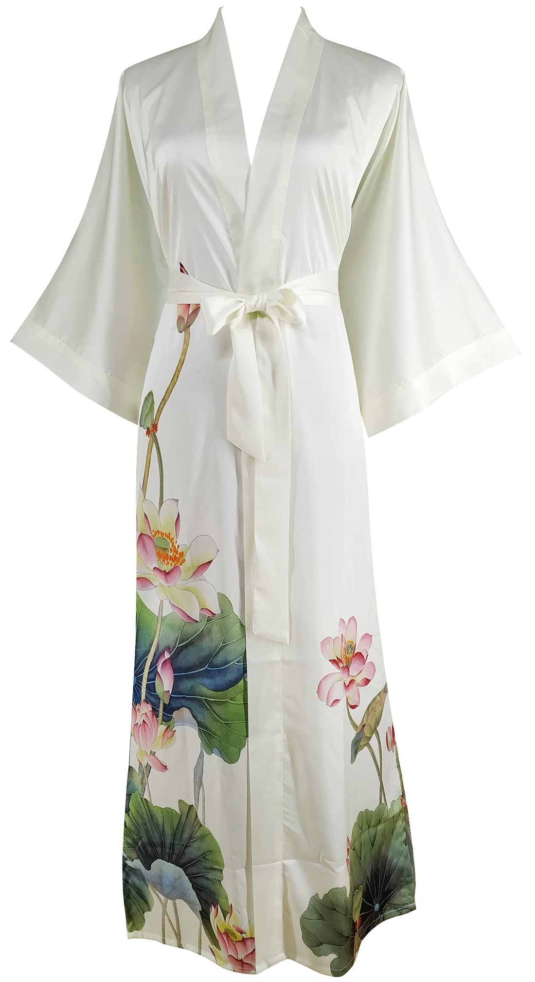 Ledamon Women's Silk Satin Kimono Long Robe - Classic Floral Bathrobe Nightgown - Ivory - One size
