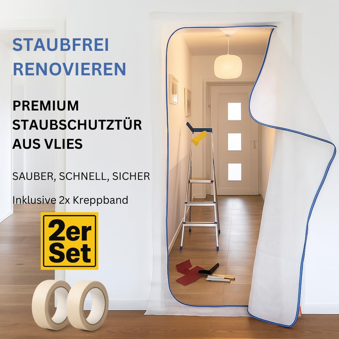 Pangolino Lot de 2 portes anti-poussière en non-tissé (PP) - 2 pièces + 2 bandes crêpées - Pour porte de construction en polypropylène non tissé résistant à la poussière