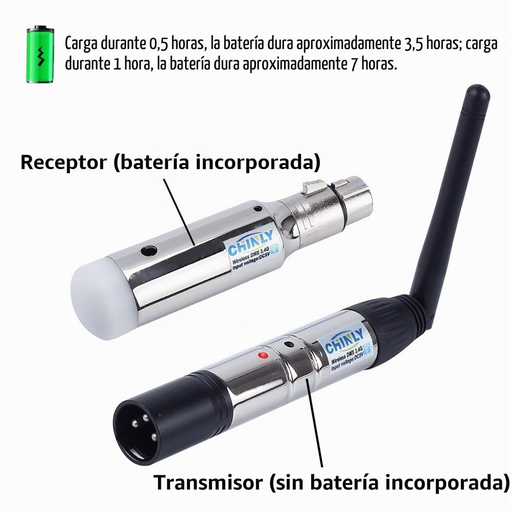 CHINLY DMX512 2,4G ISM 1 Transmisor y 5 Receptores Inalámbricos Batería Integrada Recargable para Luces Led de Fiesta de DJ Stage Bar